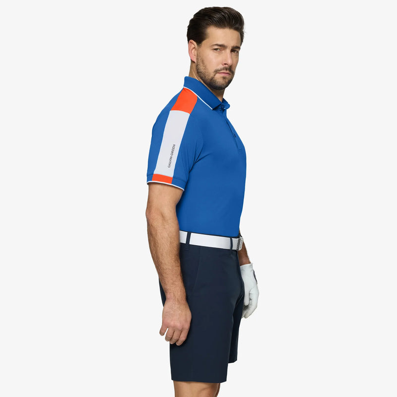 Mulligan is a Breathable short sleeve golf shirt for Men in the color Royal Blue/White/Orange(3)