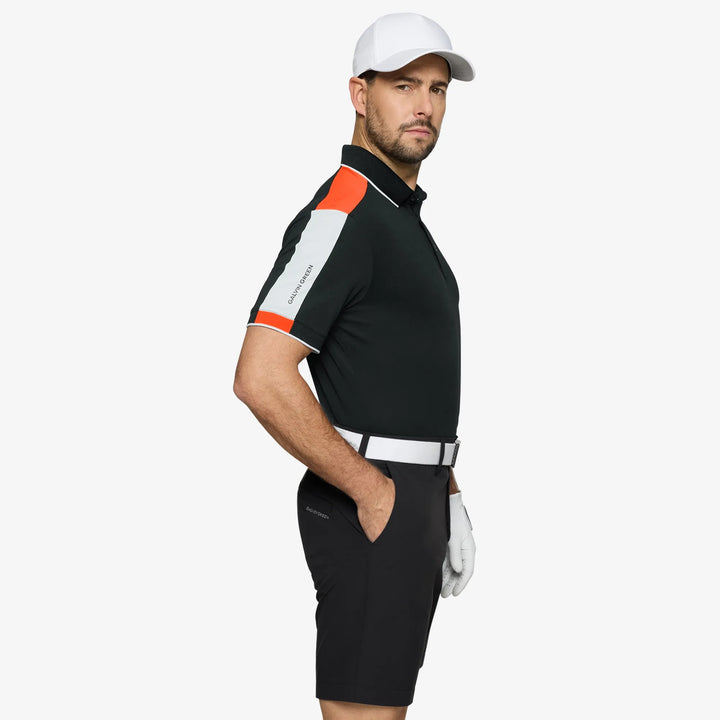 Mulligan is a Breathable short sleeve golf shirt for Men in the color Black/White/Orange(3)