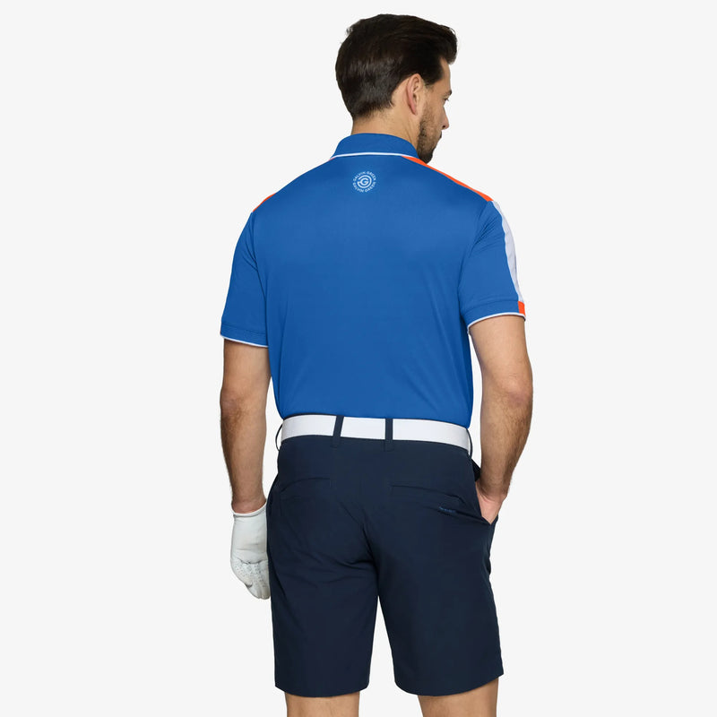 Mulligan is a Breathable short sleeve golf shirt for Men in the color Royal Blue/White/Orange(4)