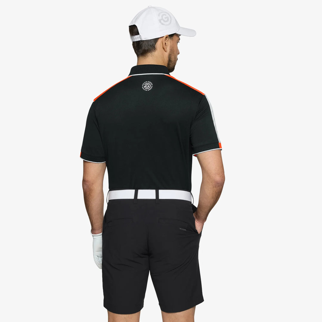 Mulligan is a Breathable short sleeve golf shirt for Men in the color Black/White/Orange(4)