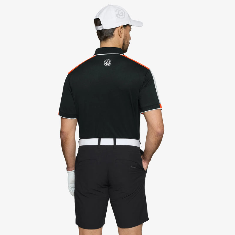 Mulligan is a Breathable short sleeve golf shirt for Men in the color Black/White/Orange(4)