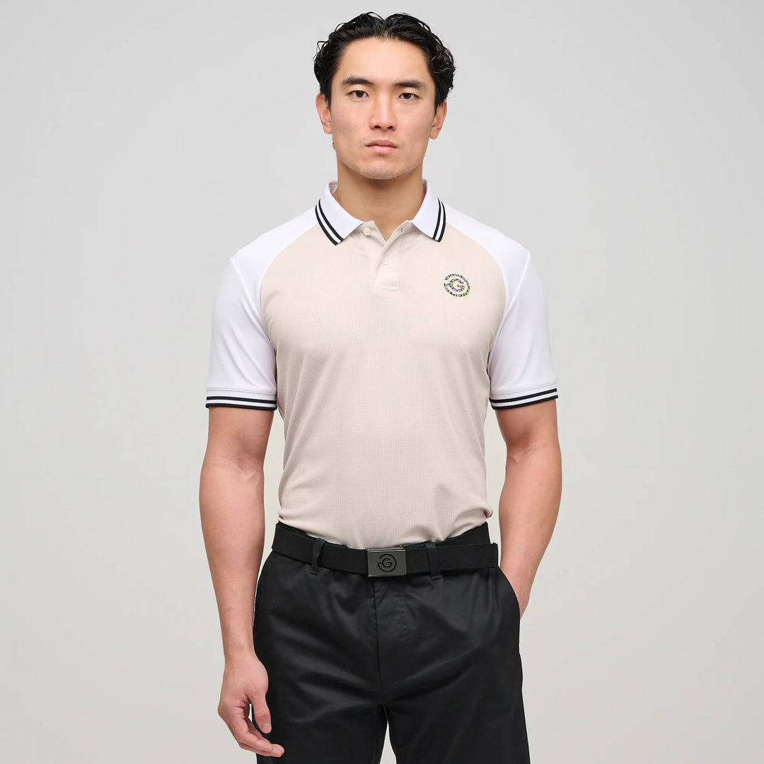Myles is a Breathable short sleeve golf shirt for Men in the color Sand/White(1)