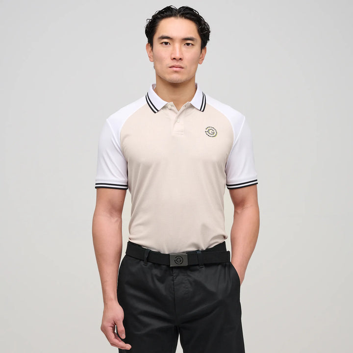 Myles is a Breathable short sleeve golf shirt for Men in the color Sand/White(1)