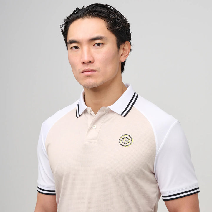 Myles is a Breathable short sleeve golf shirt for Men in the color Sand/White(3)