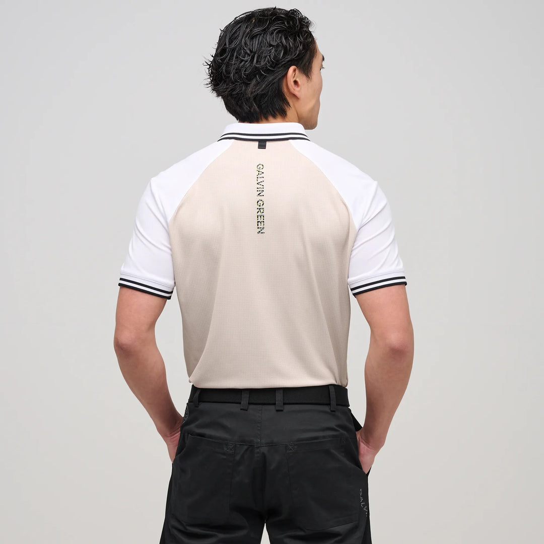 Myles is a Breathable short sleeve golf shirt for Men in the color Sand/White(4)