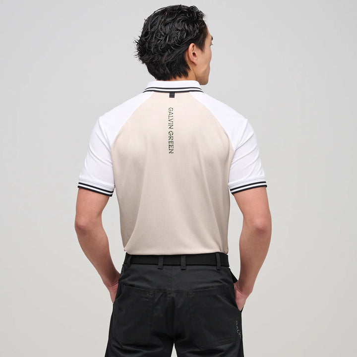 Myles is a Breathable short sleeve golf shirt for Men in the color Sand/White(4)