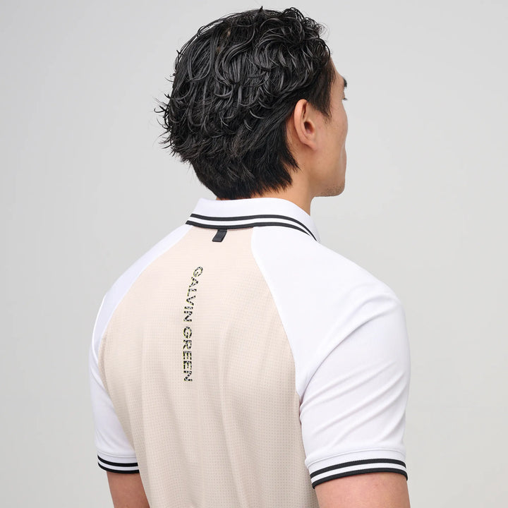 Myles is a Breathable short sleeve golf shirt for Men in the color Sand/White(5)