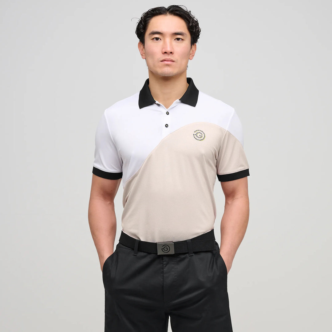 Myron is a Breathable short sleeve golf shirt for Men in the color Sand/White(1)