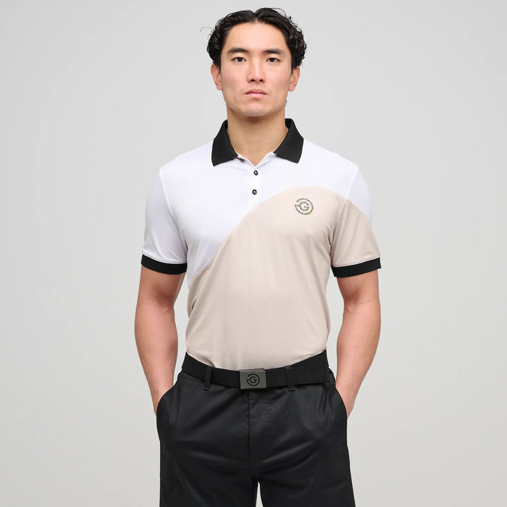 Myron is a Breathable short sleeve golf shirt for Men in the color Sand/White(1)
