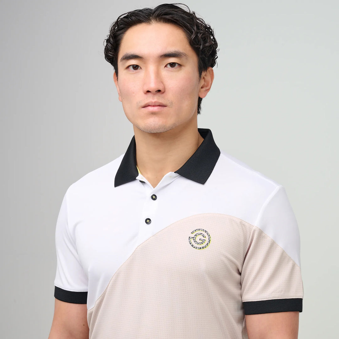 Myron is a Breathable short sleeve golf shirt for Men in the color Sand/White(3)