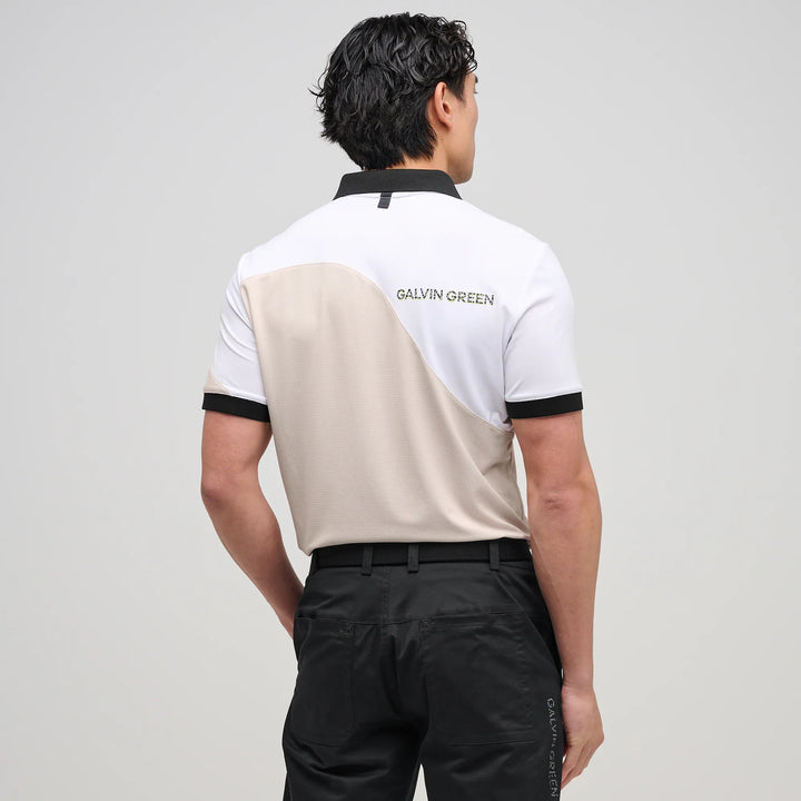 Myron is a Breathable short sleeve golf shirt for Men in the color Sand/White(4)