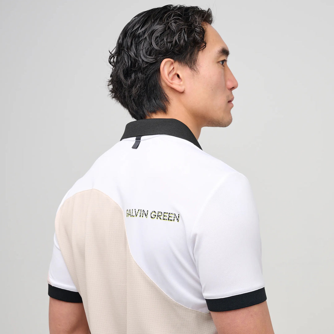 Myron is a Breathable short sleeve golf shirt for Men in the color Sand/White(5)