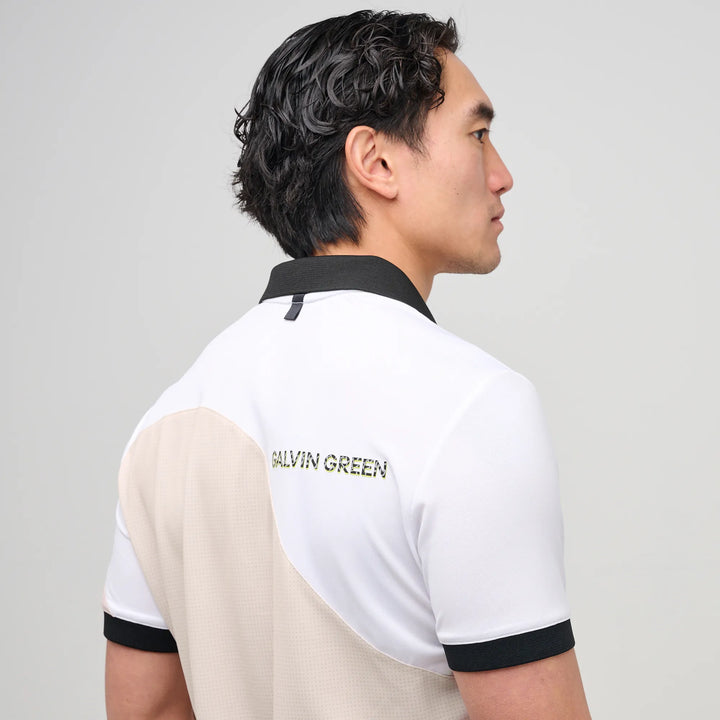 Myron is a Breathable short sleeve golf shirt for Men in the color Sand/White(5)