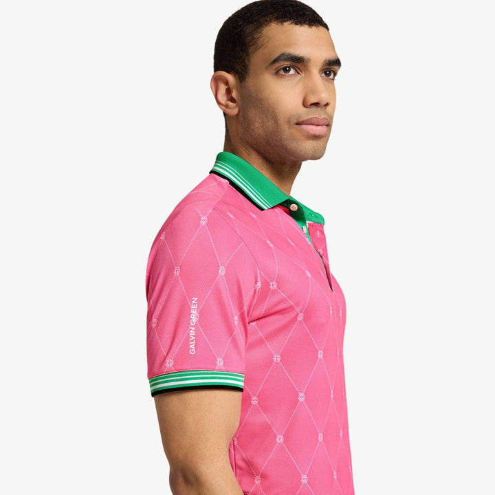 Miguel is a Breathable short sleeve golf shirt for Men in the color Pink/Golf Green(3)