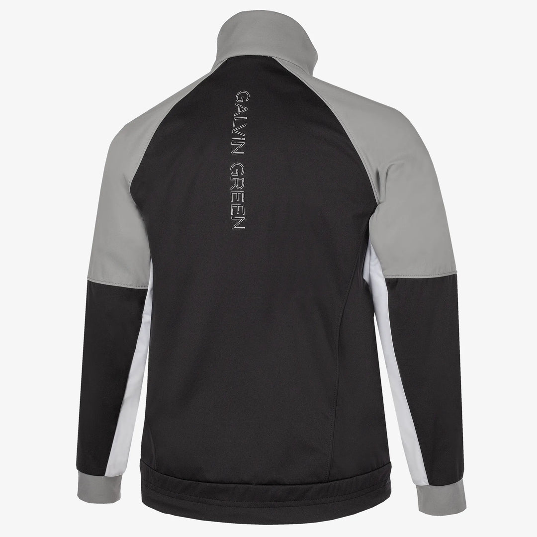 Remi is a Windproof and water repellent golf jacket for Juniors in the color Black/Sharksin/White(10)