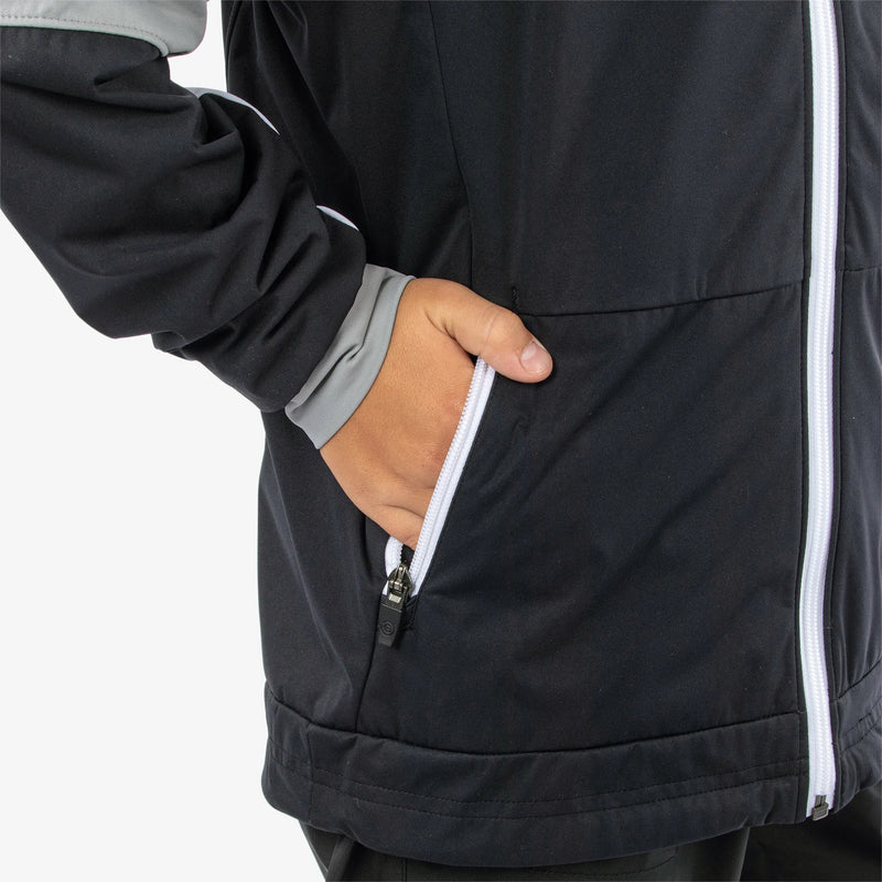 Remi is a Windproof and water repellent golf jacket for Juniors in the color Black/Sharksin/White(6)