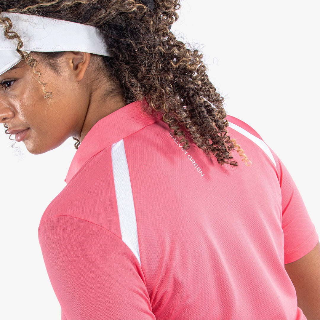 Mirelle is a Breathable short sleeve golf shirt for Women in the color Camelia Rose/White(5)