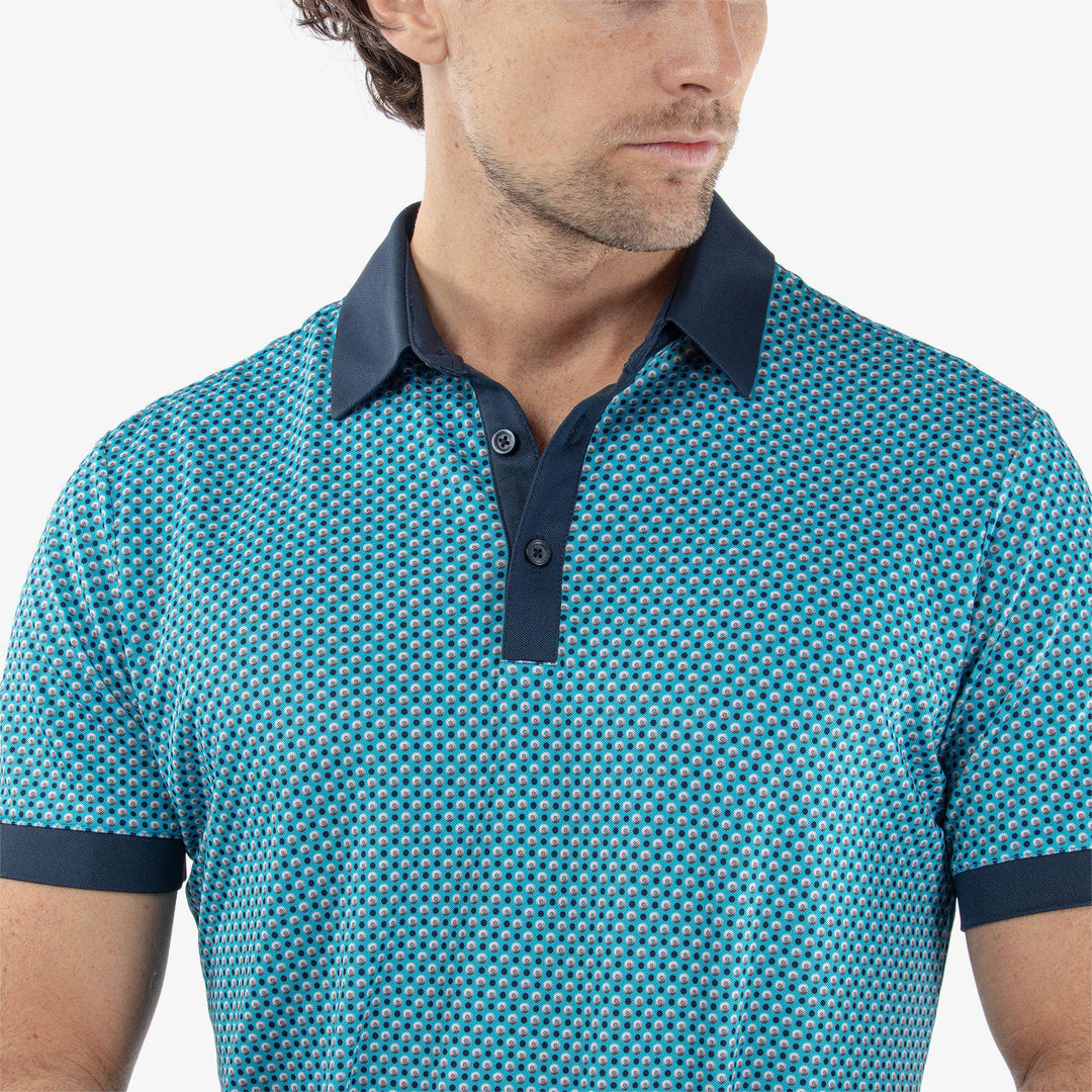 Mate is a Breathable short sleeve golf shirt for Men in the color Aqua/Navy(3)