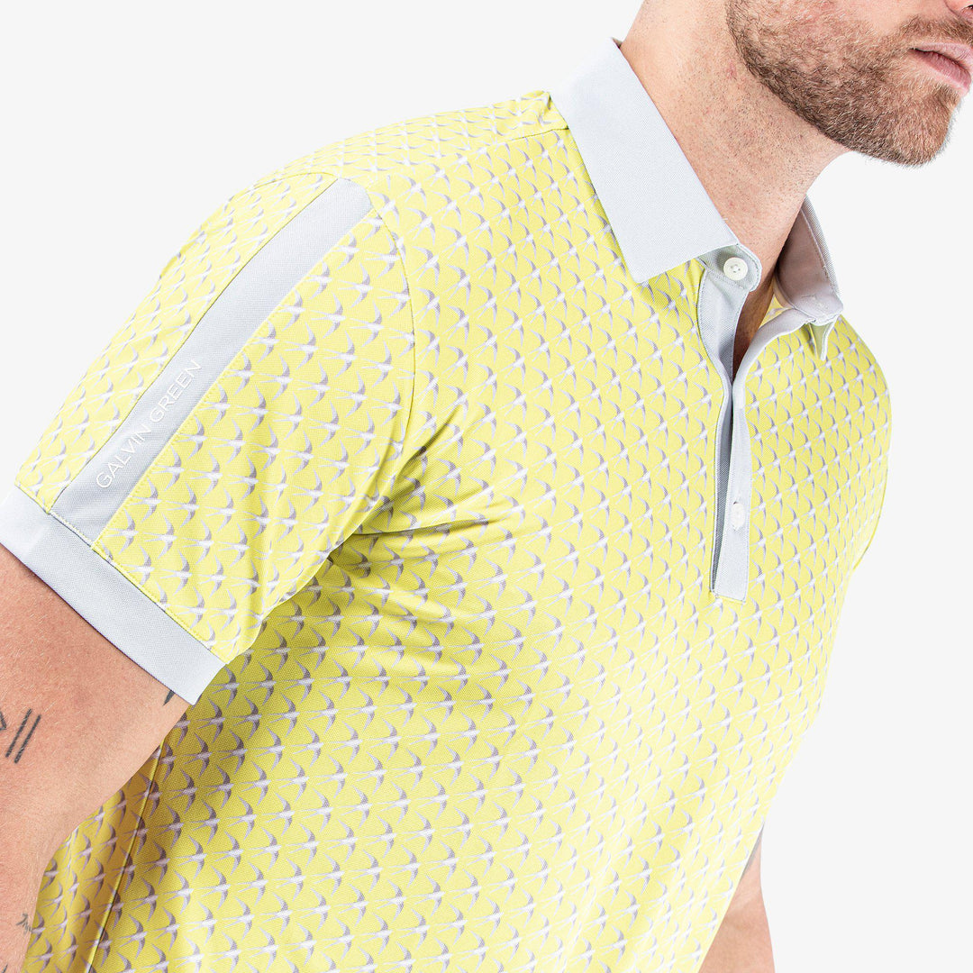 Malcolm is a Breathable short sleeve golf shirt for Men in the color Sunny Lime/Cool Grey/White(3)