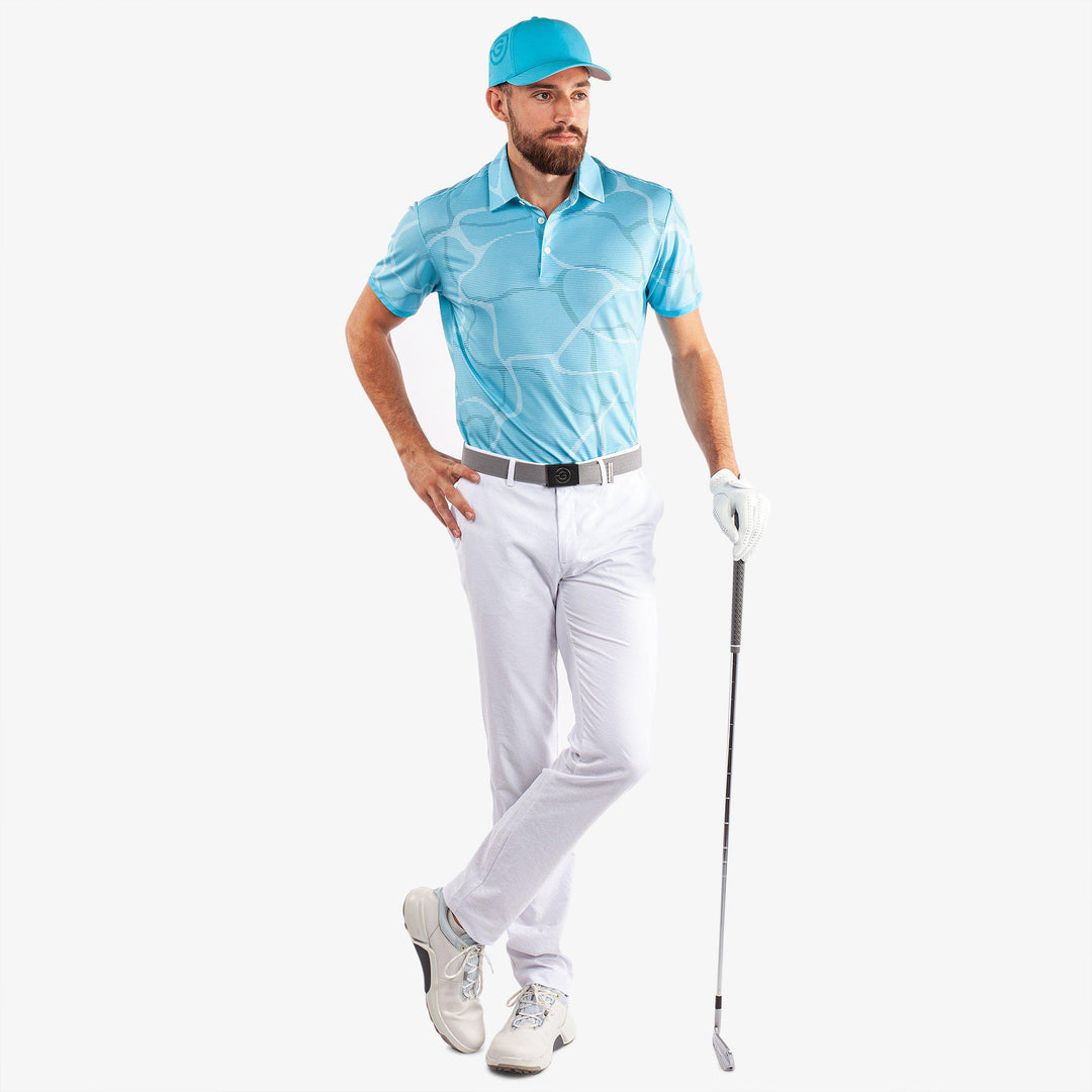 Markos is a Breathable short sleeve golf shirt for Men in the color Aqua/White (2)