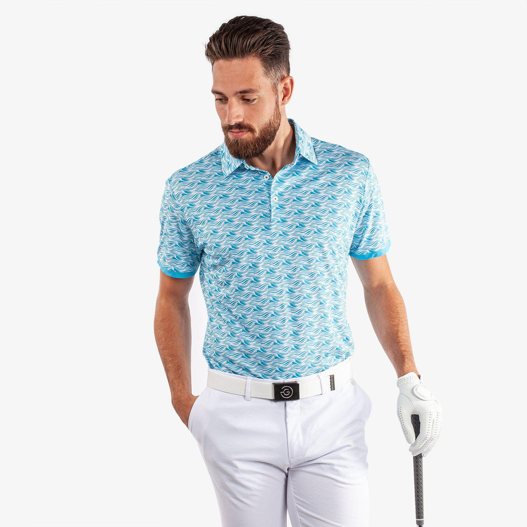 Madden is a Breathable short sleeve golf shirt for Men in the color Aqua/White (1)