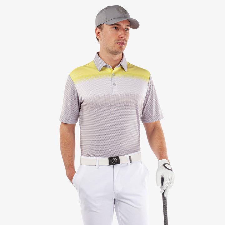 Mo is a Breathable short sleeve golf shirt for Men in the color Cool Grey/White/Sunny Lime(1)