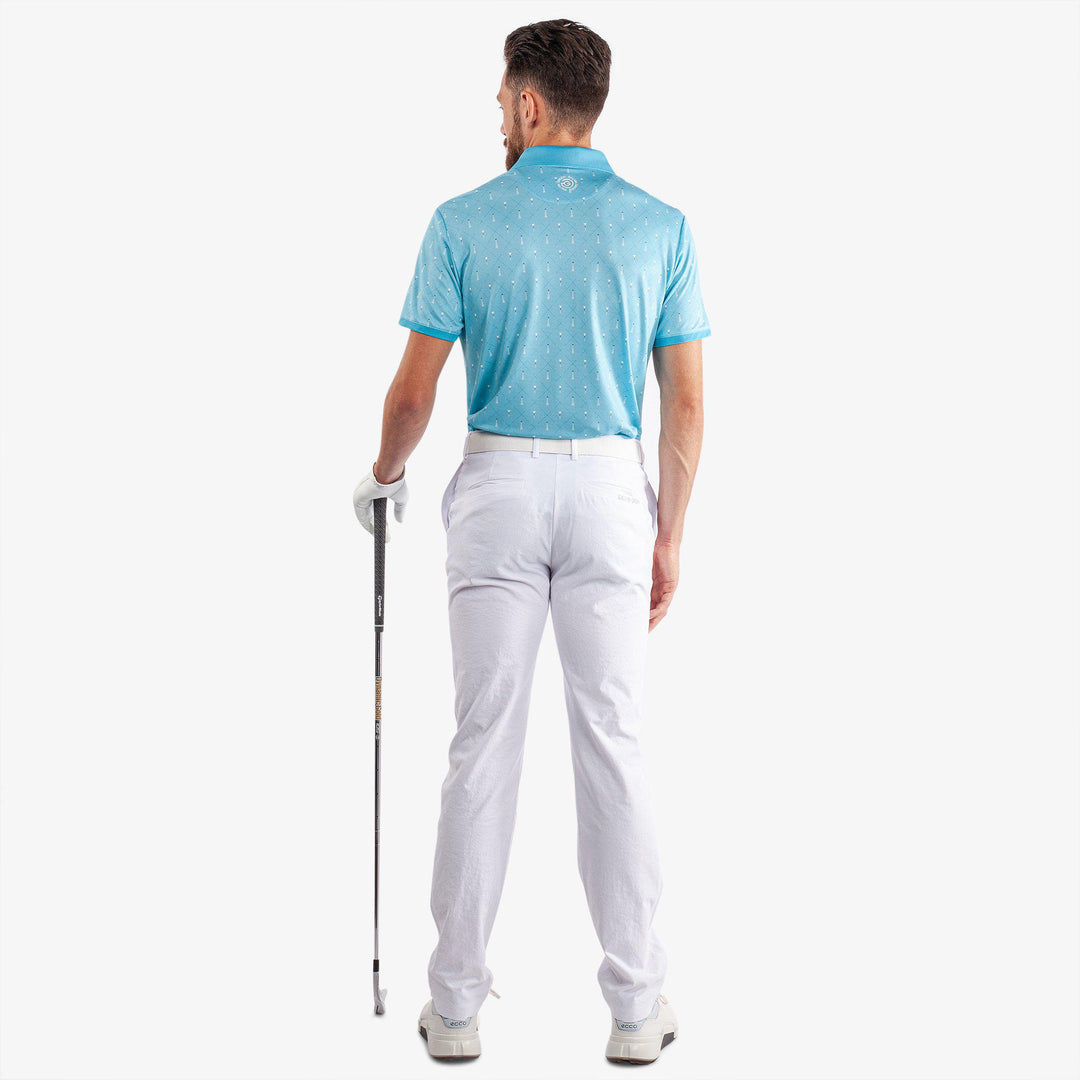 Manolo is a Breathable short sleeve golf shirt for Men in the color Aqua/White (7)