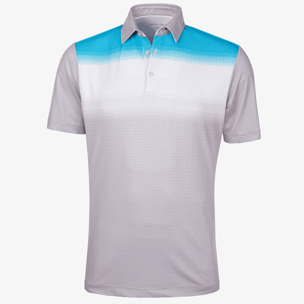 Mo is a Breathable short sleeve golf shirt for Men in the color Cool Grey/White/Aqua(0)