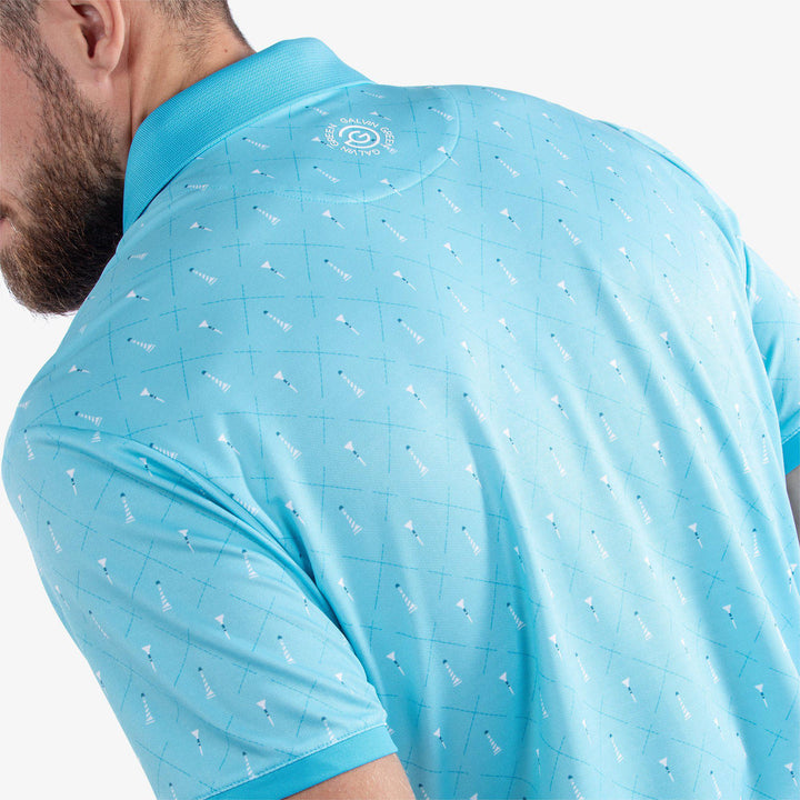 Manolo is a Breathable short sleeve golf shirt for Men in the color Aqua/White (6)