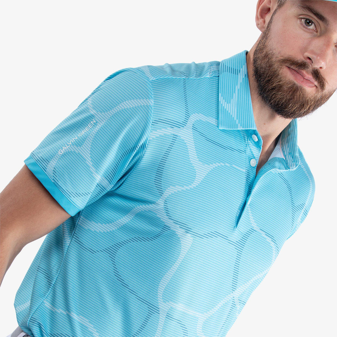 Markos is a Breathable short sleeve golf shirt for Men in the color Aqua/White (3)