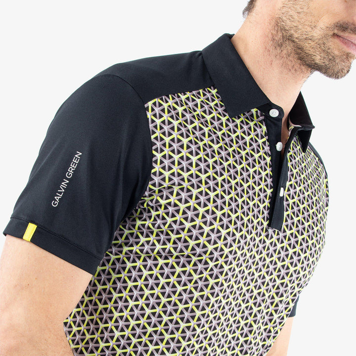 Mio is a Breathable short sleeve golf shirt for Men in the color Sunny Lime/Black(3)