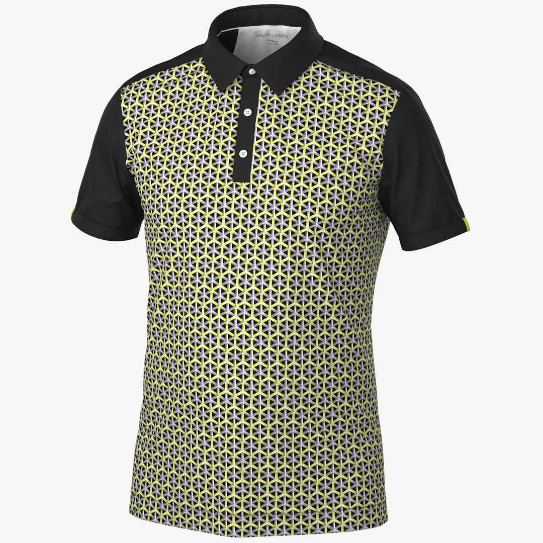 Mio is a Breathable short sleeve golf shirt for Men in the color Sunny Lime/Black(0)