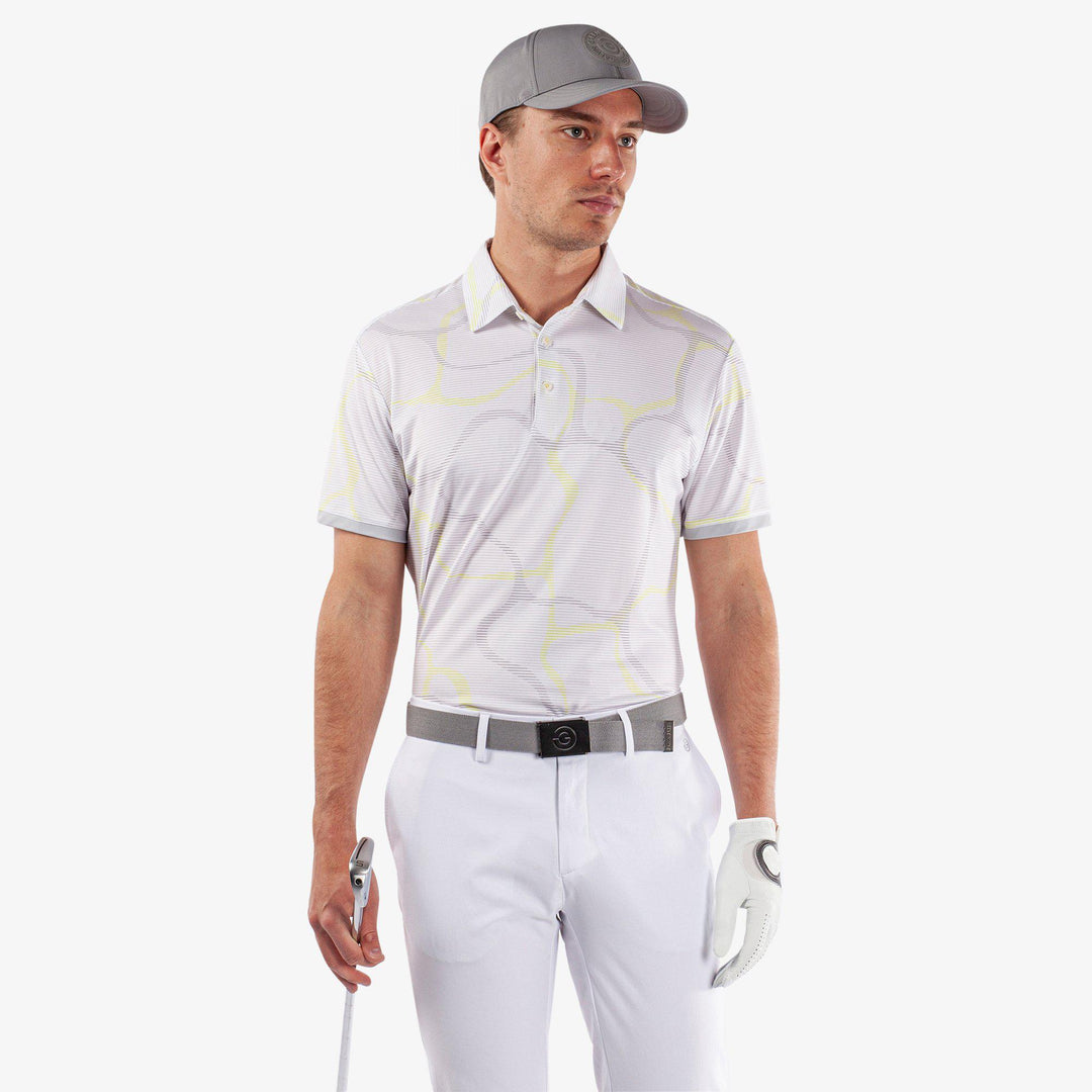 Markos is a Breathable short sleeve golf shirt for Men in the color White/Sunny Lime(1)