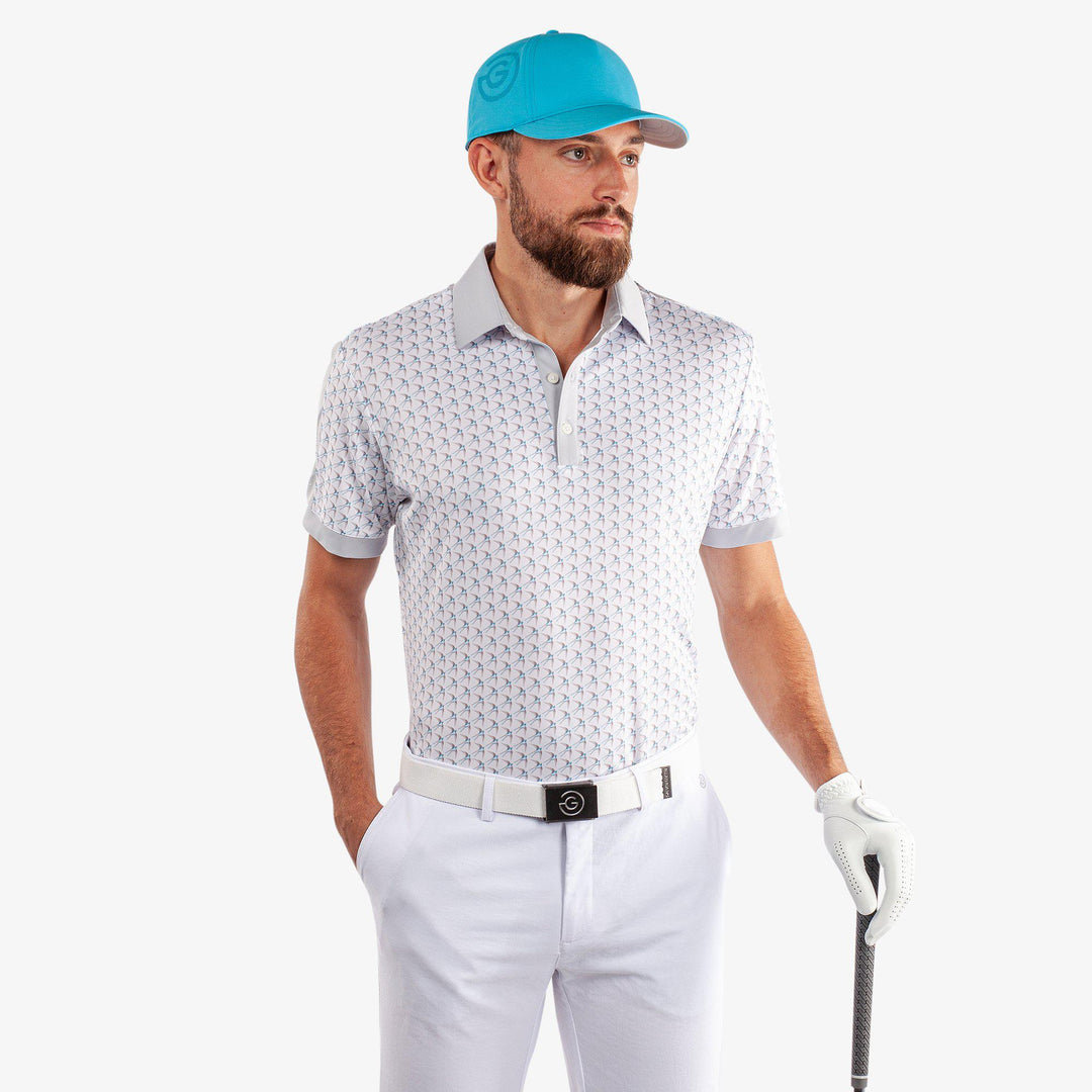 Malcolm is a Breathable short sleeve golf shirt for Men in the color White/Cool Grey/Aqua(1)