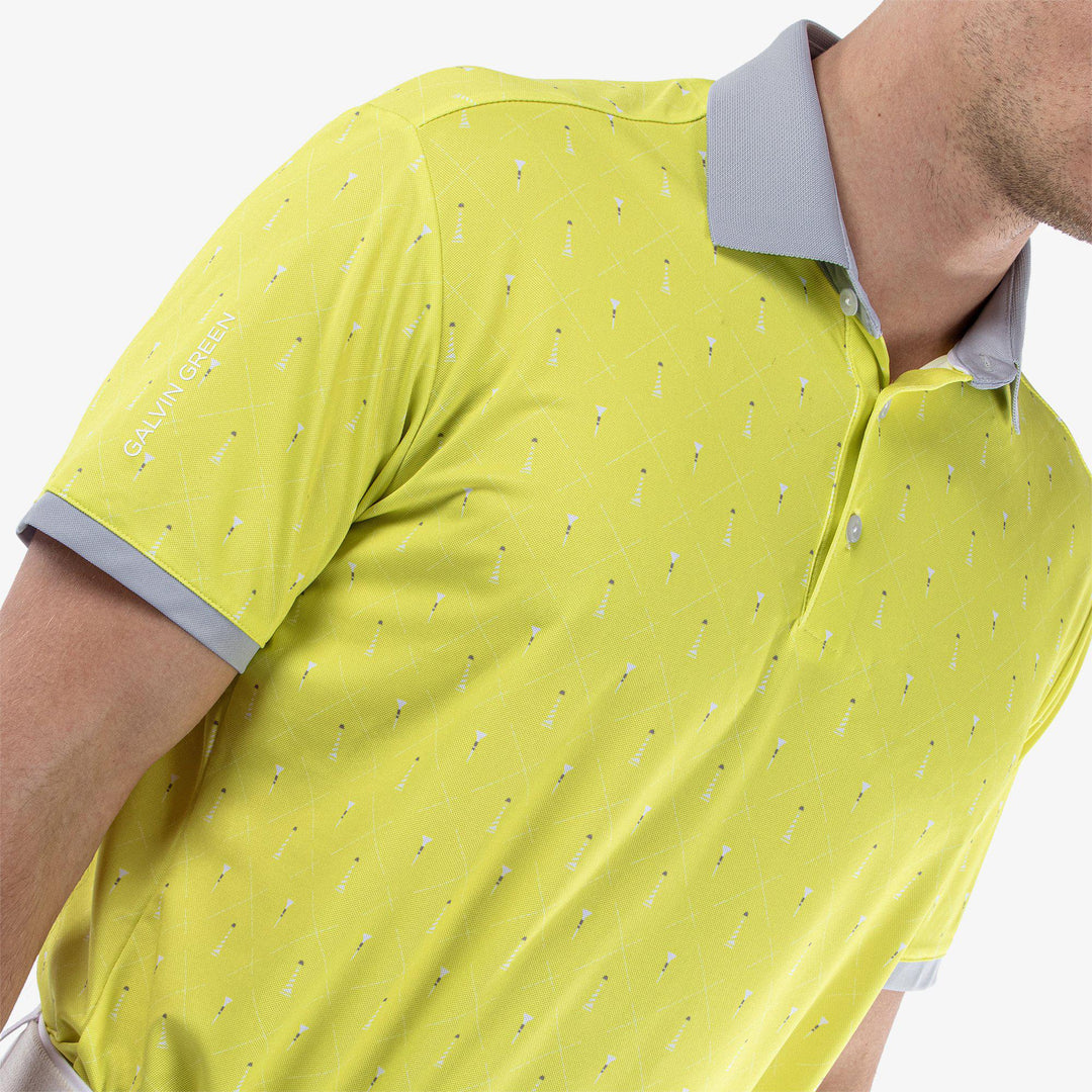 Manolo is a Breathable short sleeve golf shirt for Men in the color Sunny Lime/Cool Grey/White(3)