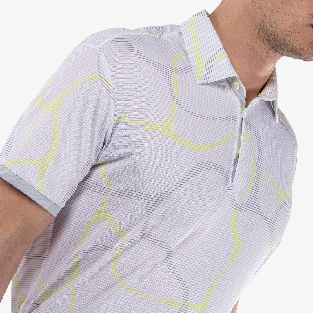 Markos is a Breathable short sleeve golf shirt for Men in the color White/Sunny Lime(3)
