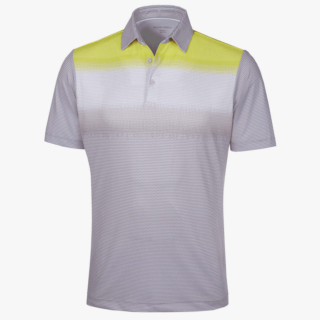 Mo is a Breathable short sleeve golf shirt for Men in the color Cool Grey/White/Sunny Lime(0)