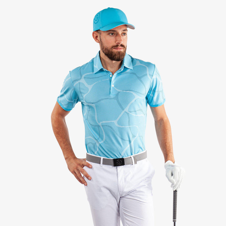 Markos is a Breathable short sleeve golf shirt for Men in the color Aqua/White (1)