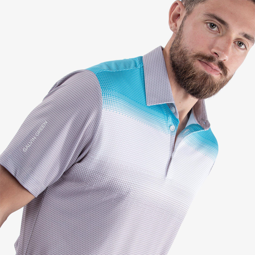 Mo is a Breathable short sleeve shirt for  in the color Cool Grey/White/Aqua(3)