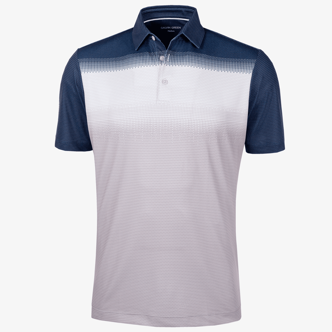 Mo is a Breathable short sleeve golf shirt for Men in the color Cool Grey/White/Navy(0)