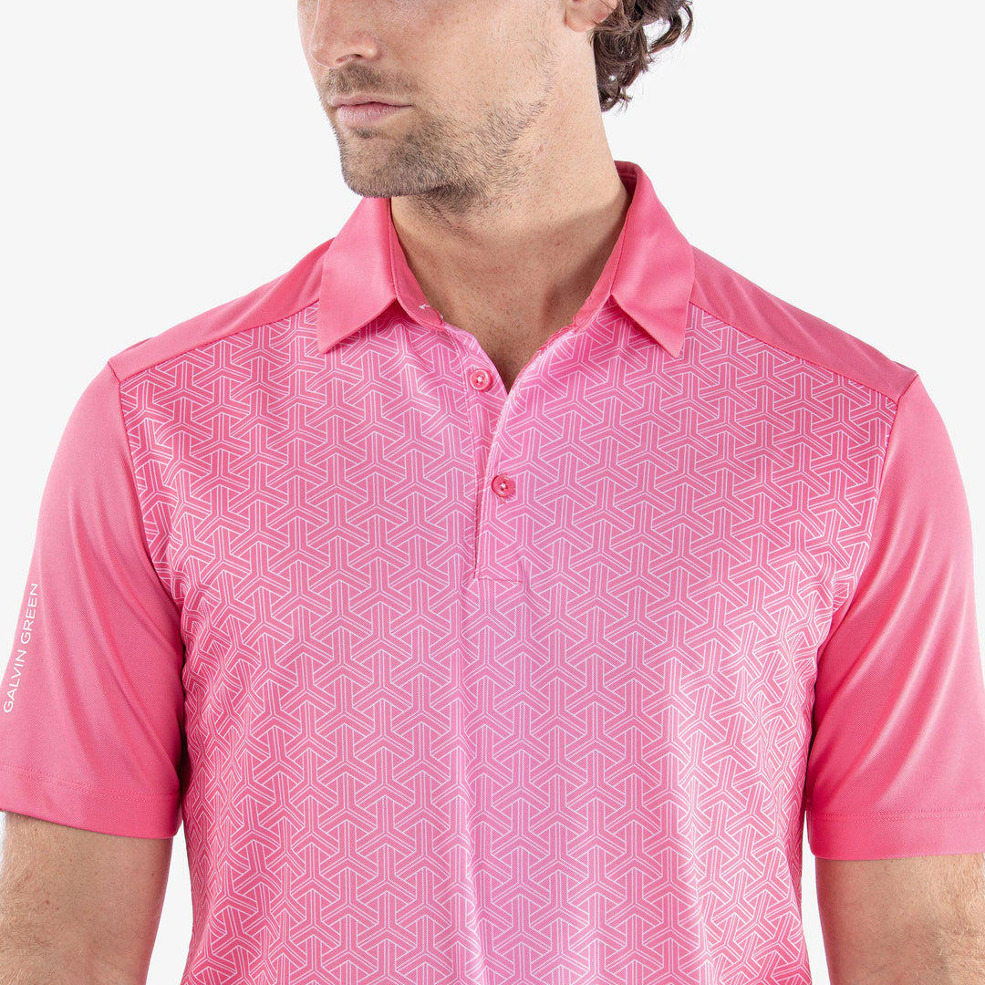 Mile is a Breathable short sleeve golf shirt for Men in the color Camelia Rose/White(3)