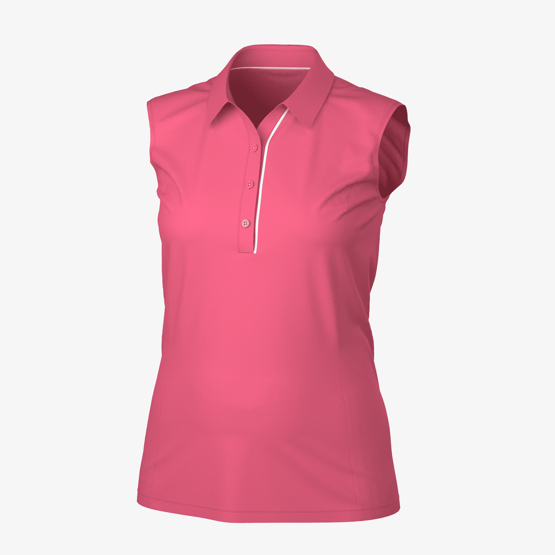 Meg is a Breathable short sleeve golf shirt for Women in the color Camelia Rose/White(0)