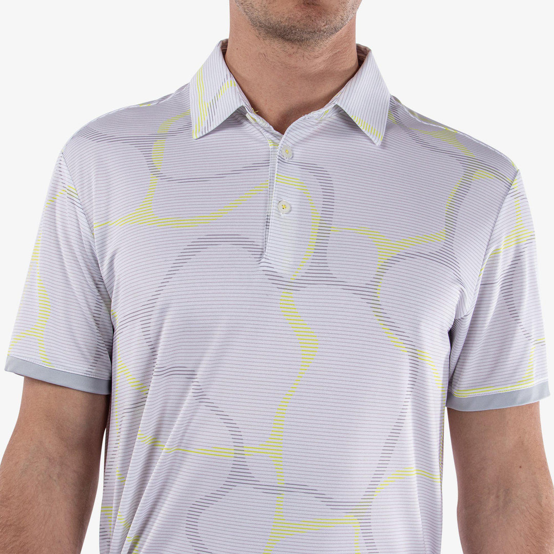 Markos is a Breathable short sleeve golf shirt for Men in the color White/Sunny Lime(4)