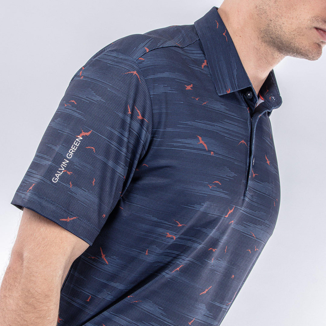 Marin is a Breathable short sleeve shirt for  in the color Navy/Orange(3)