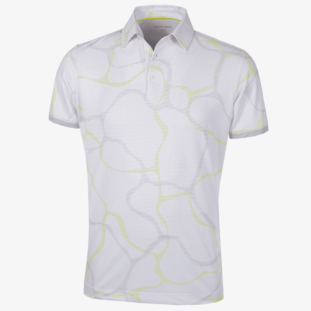 Markos is a Breathable short sleeve golf shirt for Men in the color White/Sunny Lime(0)