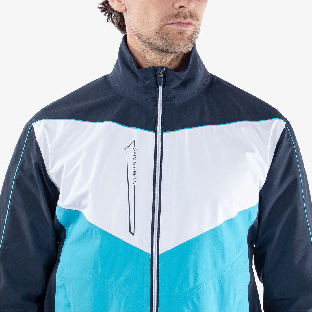 Armstrong is a Waterproof jacket for  in the color Navy/Aqua/White(3)