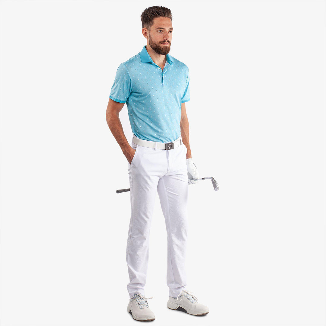 Manolo is a Breathable short sleeve golf shirt for Men in the color Aqua/White (2)