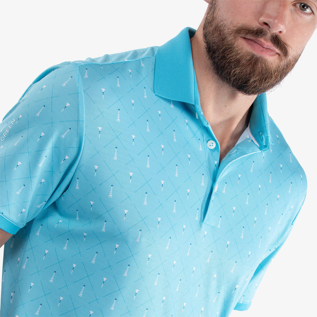 Manolo is a Breathable short sleeve golf shirt for Men in the color Aqua/White (3)